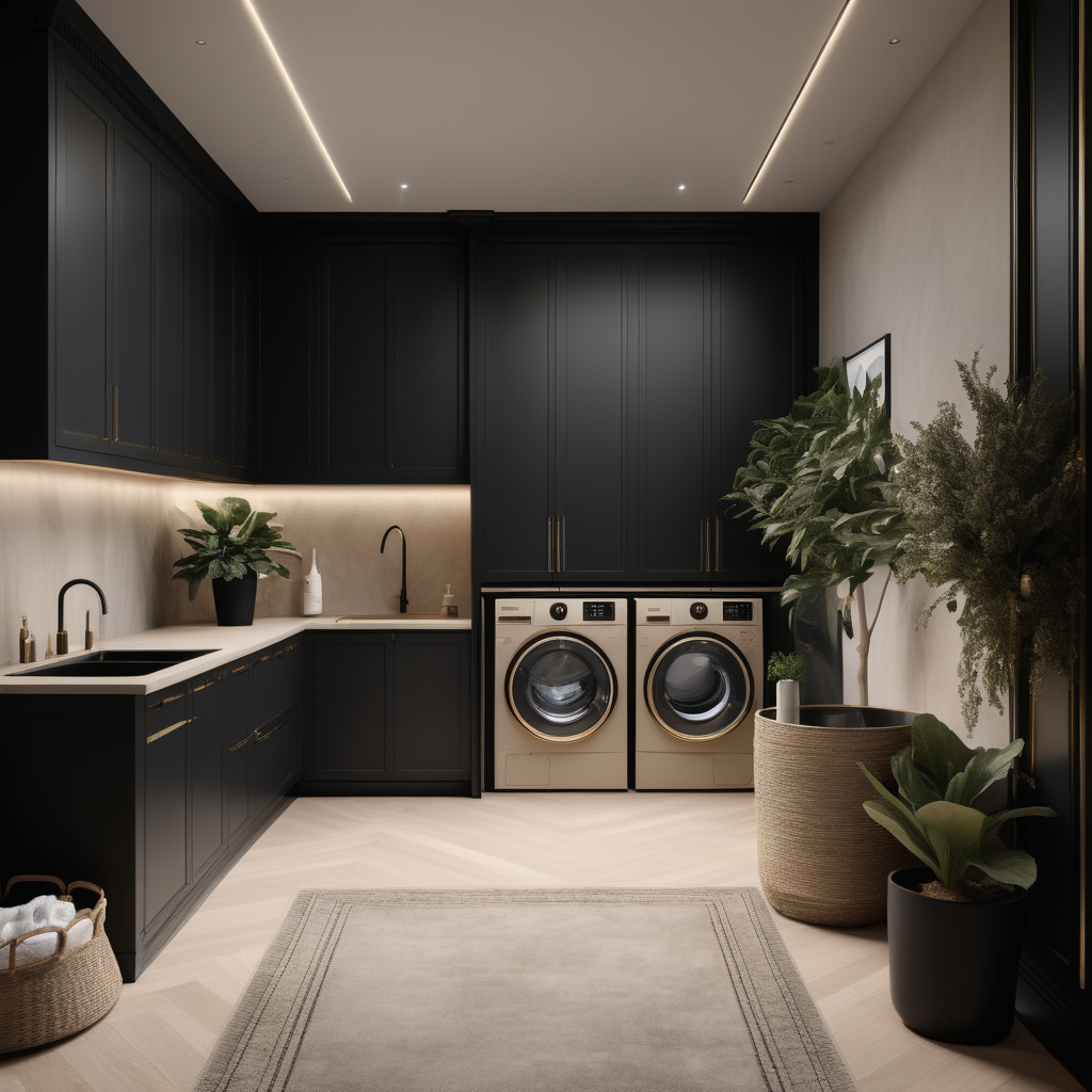 a hyperrealistic of an elegant Modern Parisian estate home laundry with island and mood lighting and plants, in a beige oak brass and black colour palette 

