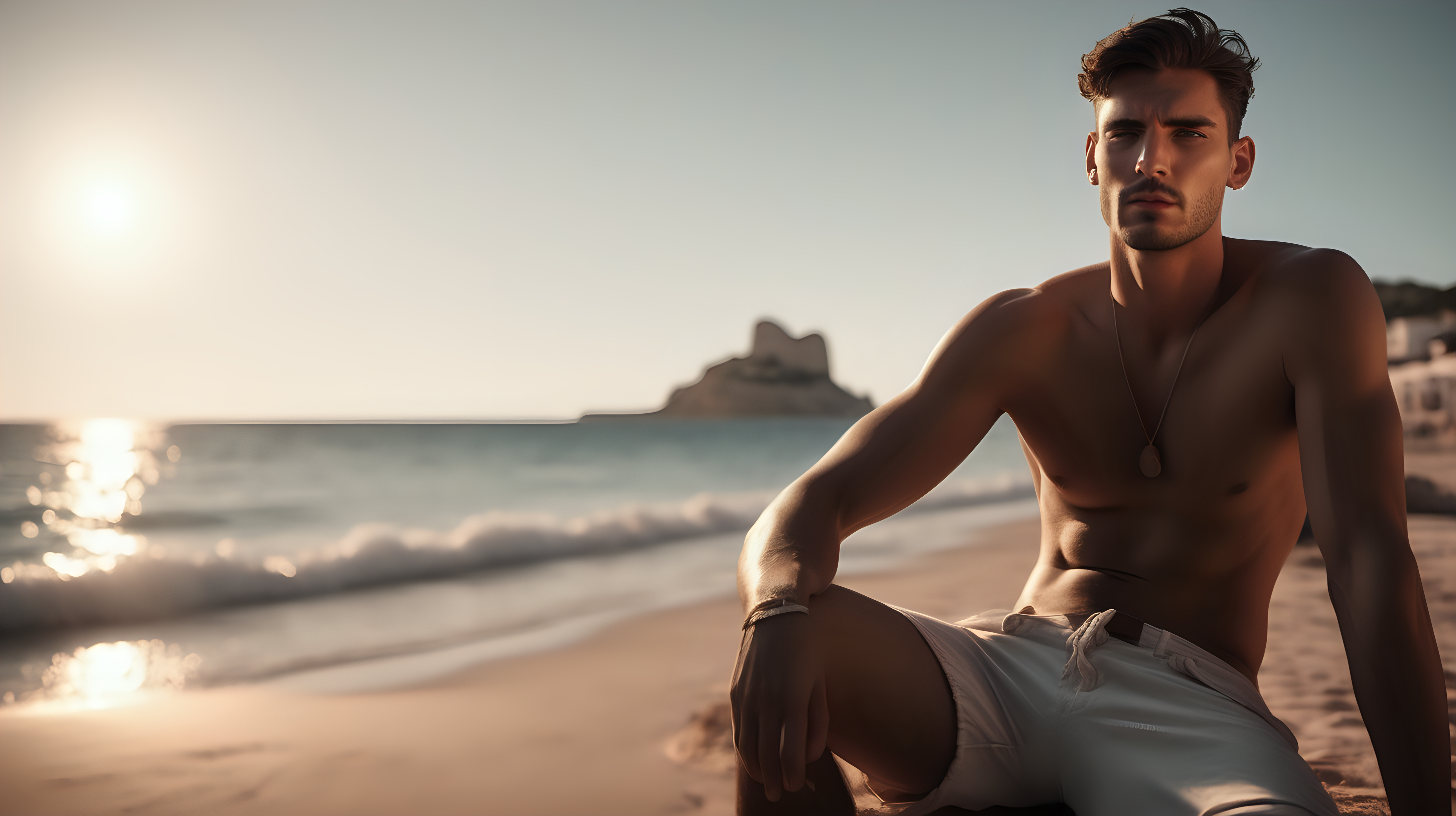 Chill-out, super realistic, ibiza, beach, handsome man. The lighting in the photo should be dramatic. Sharp focus. A ultrarealistic perfect example of cinematic shot. Use muted colors to add to the scene