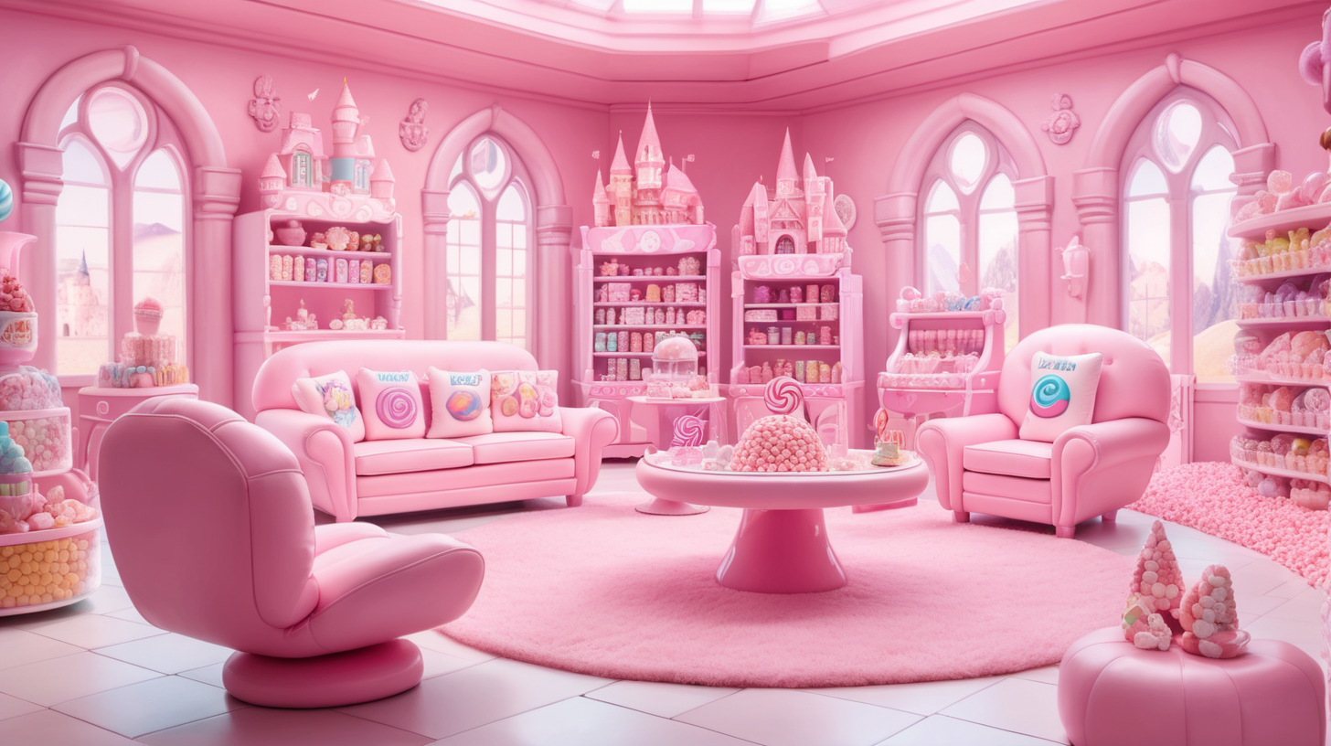 a room inside a castle made of candy that is soft pink and has marshmallow furniture, cartoon anime style, similar to CandyLand