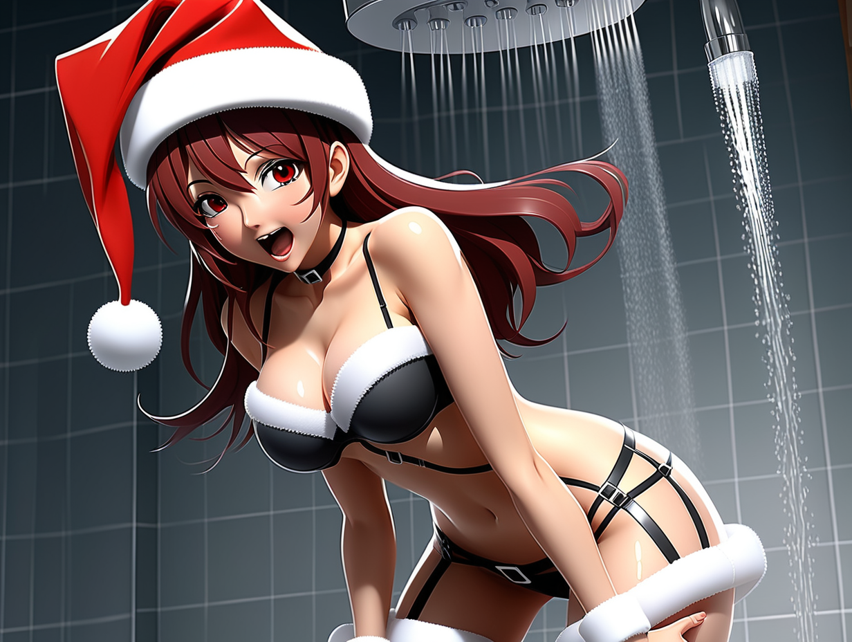 Mujer en ropa interior de liguero sexi y gorro de navidad bailando bajo lluvia de semen .anime