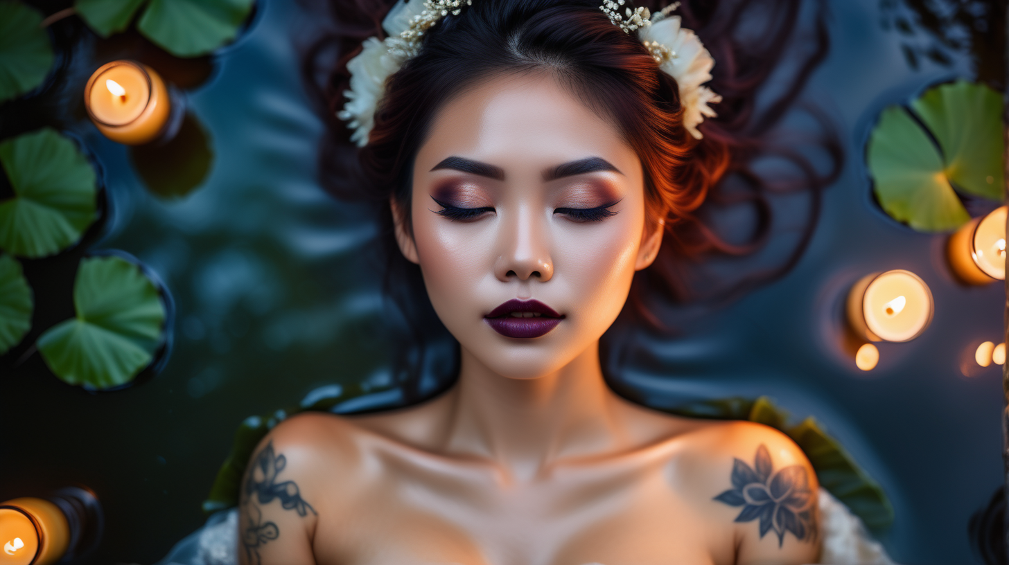 Beautiful Vietnamese woman, body tattoos, dark eye shadow, dark lipstick, hair in a messy updo, wearing a gorgeous wedding dress, bokeh background, soft light on face, laying on her back in a lake in front of elaborate candlelit forest wedding, photorealistic, very high detail,  Aerial view photo