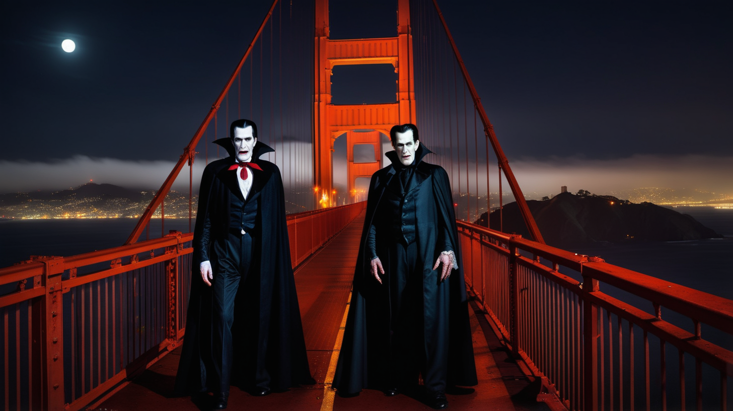 Dracula and Frankenstein on the Golden Gate Bridge at night