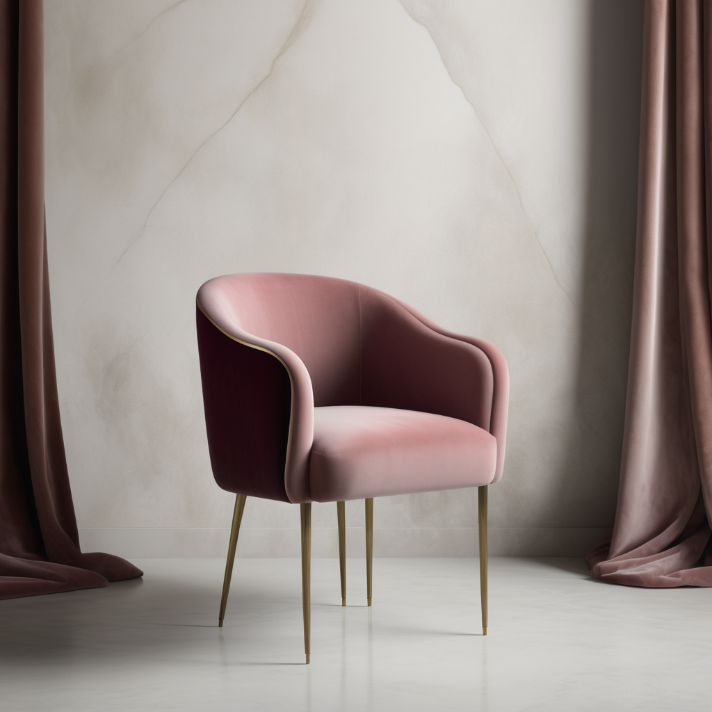 a hyperrealistic image of a velvet modern Parisian  dining chair with arms with black, dusty rose and brass 
