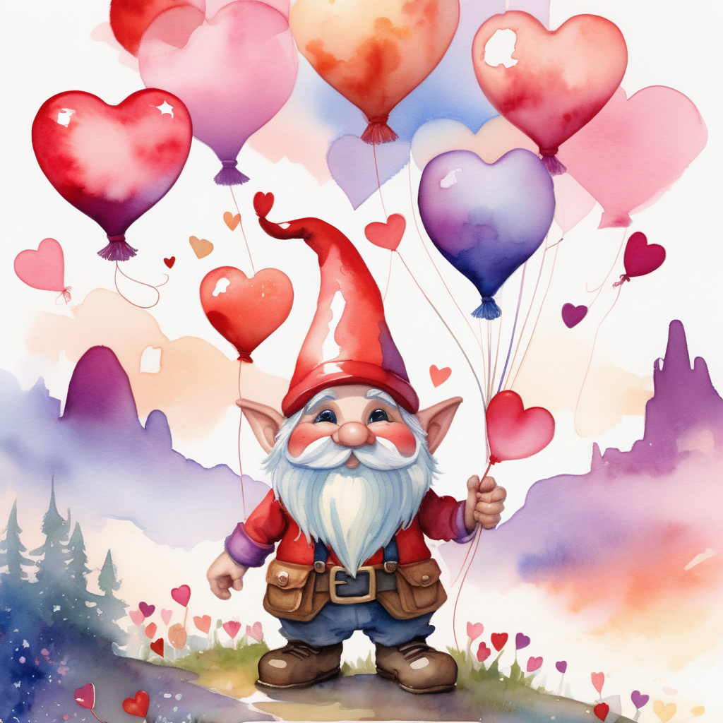 A watercolor rendering of a valentine-themed gnome, akin to the enchanting characters in "Up." Floating with heart-shaped balloons in a whimsical sky, the gnome explores a dreamlike landscape. The color palette is vibrant, with a mix of playful hues, enhancing the fantastical setting. The gnome's expression is filled with wonder, capturing the joy of adventure. The lighting features a soft, ethereal glow, creating a magical atmosphere that transports viewers to a world of love and imagination. --v 5 --stylize 1000