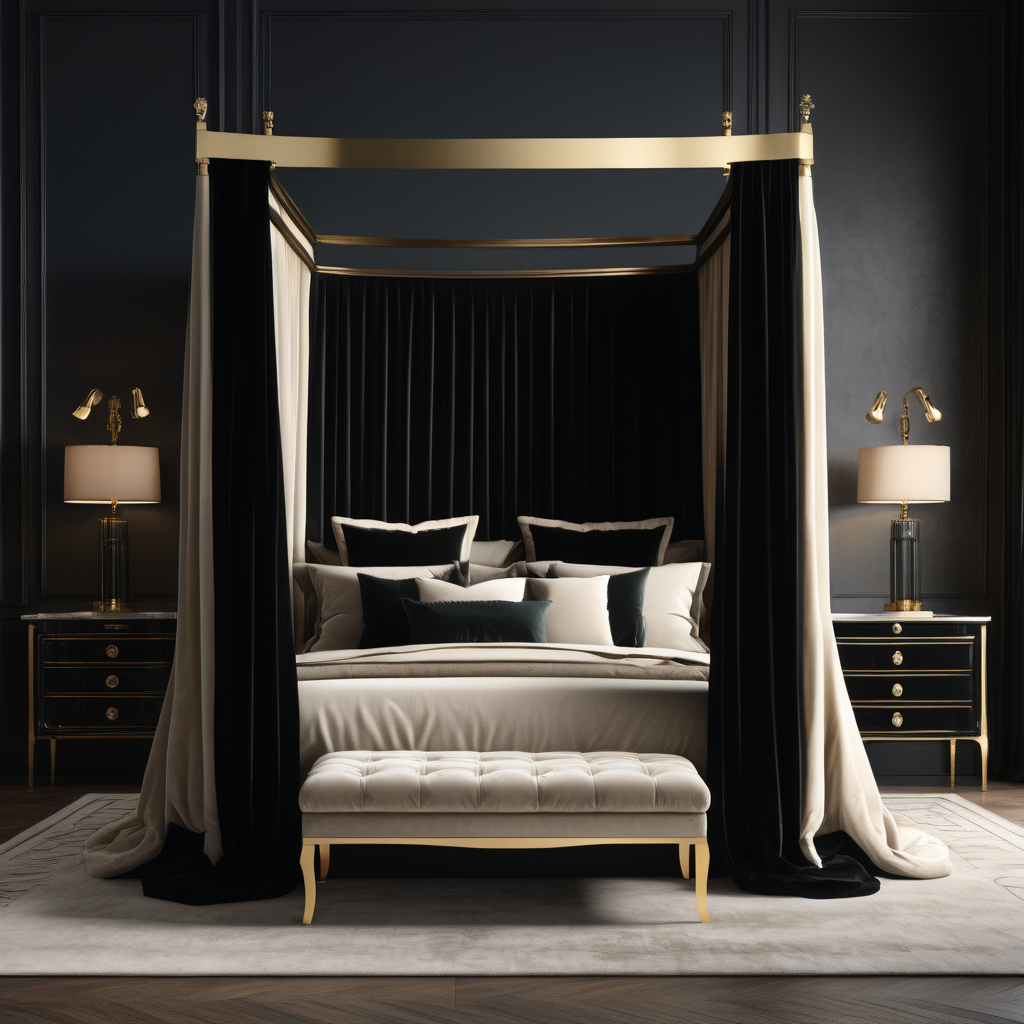 a hyperrealistic image of a velvet modern Parisian  king bed with canopy in black, beige and brass 
