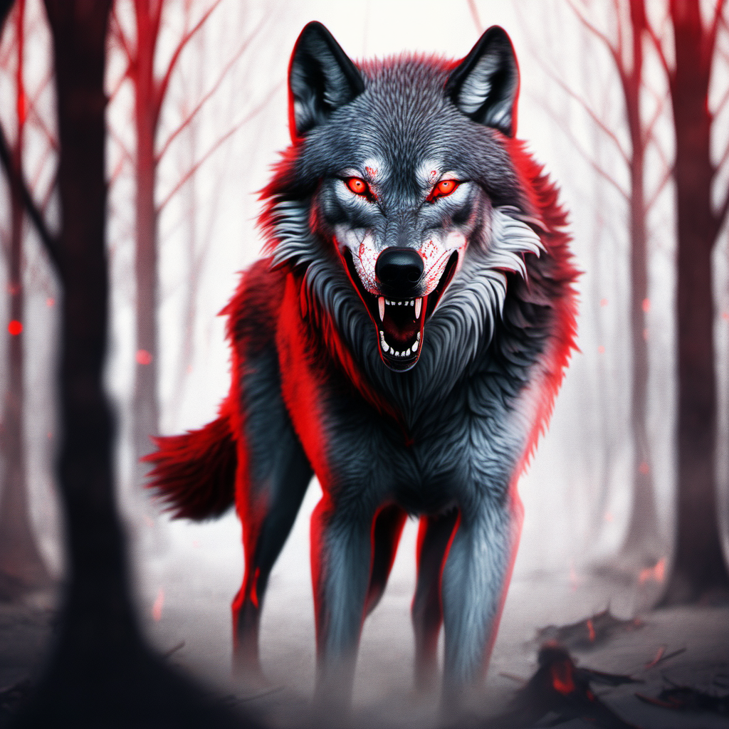 Wolf with fiery red eyes has just killed