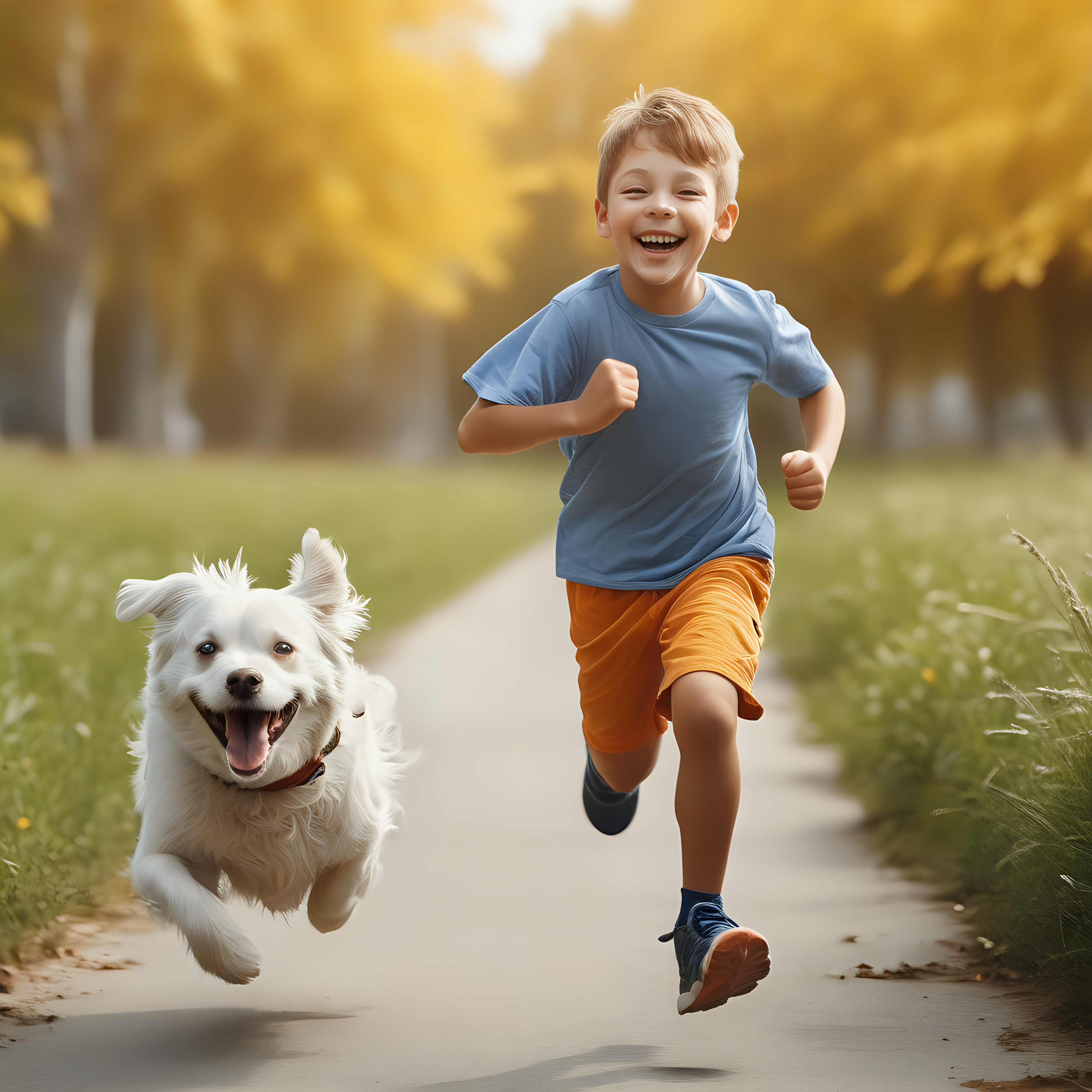 a happy boy running with a dog