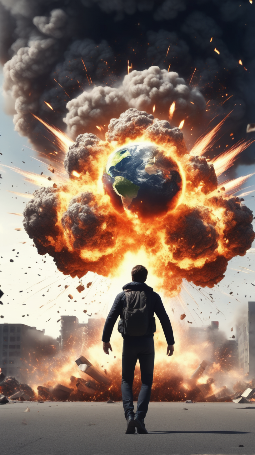 man saving the world with explosions behind him 4k