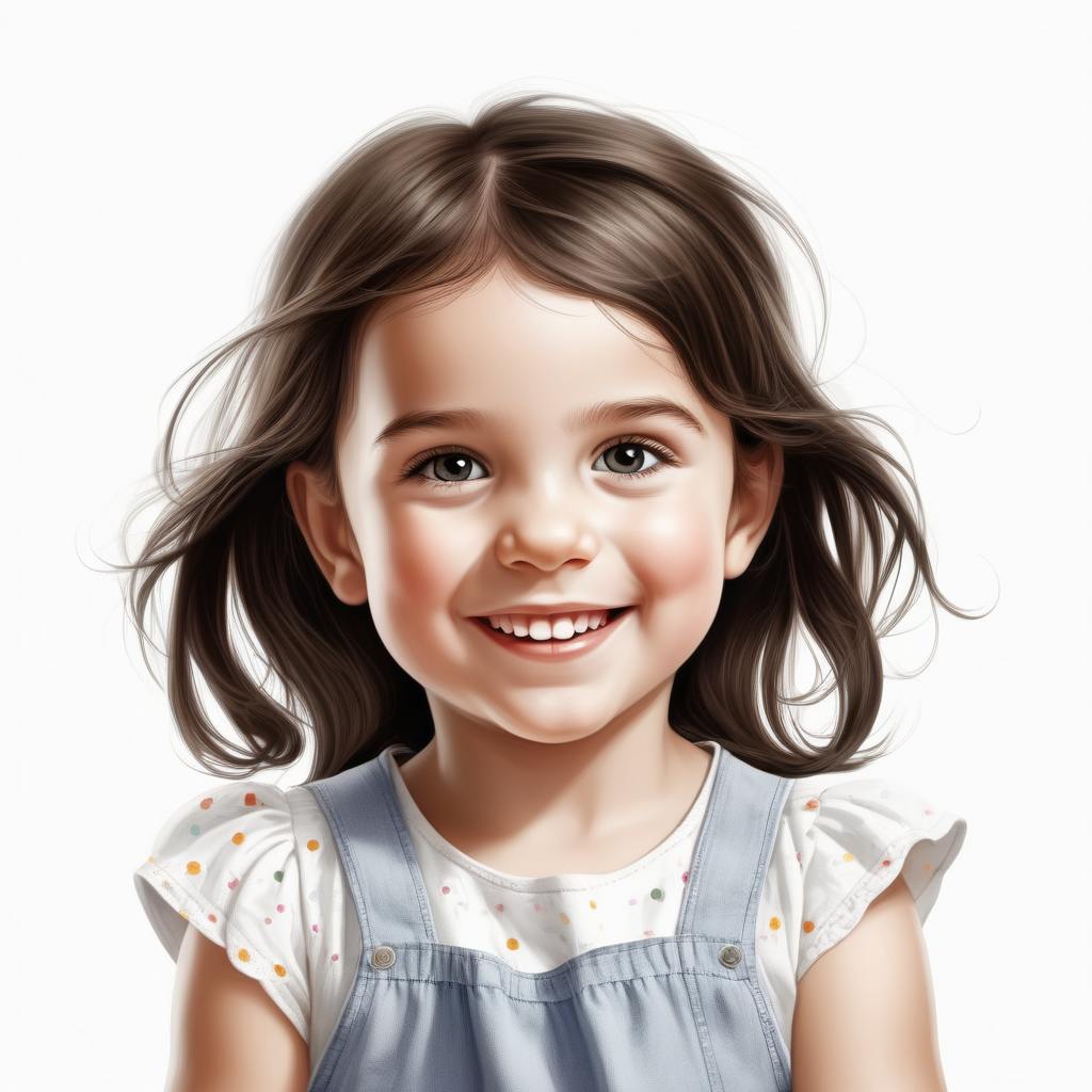 Bílé pozadí_Vytvoř realistickou tvář_ilustraci _tří letý holka_úsměv_ evropan_tmavší vlasy