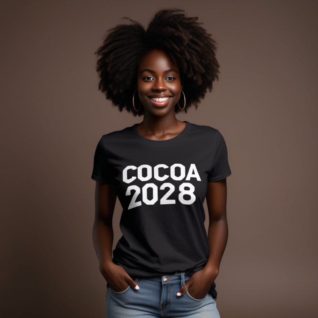 Dark skinned Black woman posing in a t-shirt with the words "Cocoa 2028" on the shirt in modern print with a dainty feminine finish 