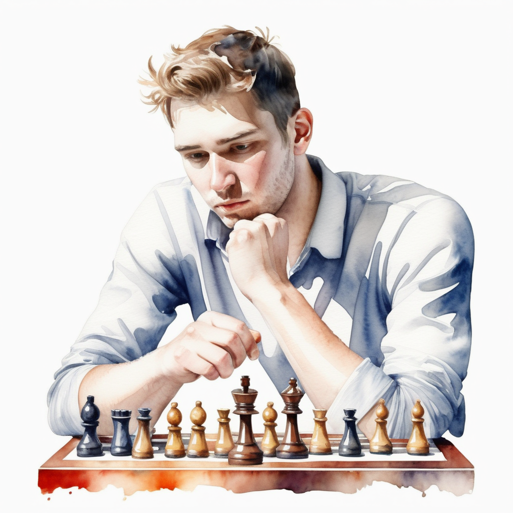 bílé pozadí_reálná tvář_Sportovec_šachy hraje_vzhled akvarel