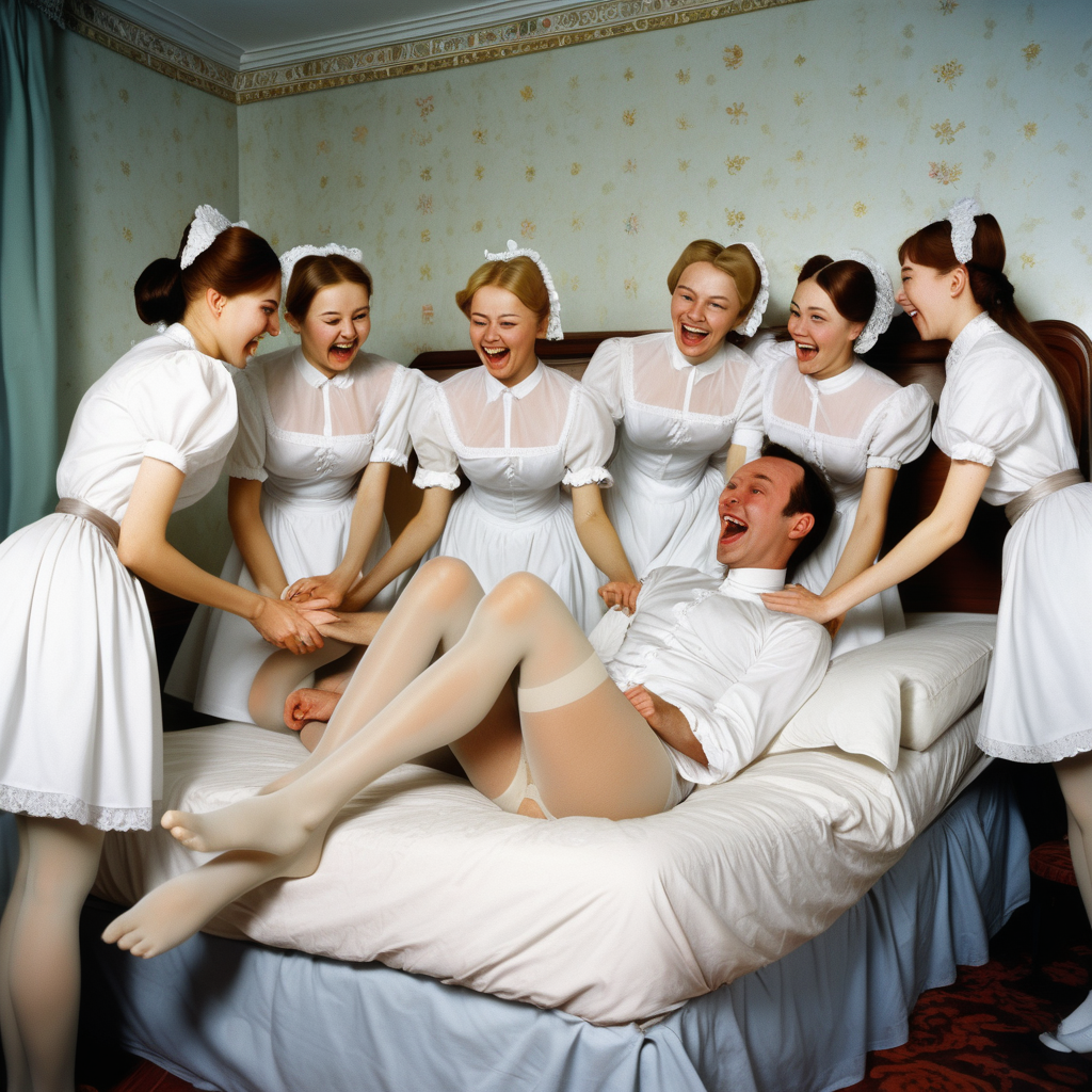 一位新郎在床上被一群穿着肉色连裤袜的俄罗斯女仆挠痒痒，女仆是东方美女