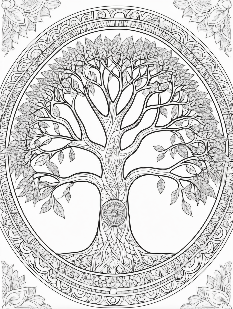 mandala coloring page - tree. Whole page mandala theme including background. Not in rounded border. Fill whole page. Ensure that whole tree is visible in viewport.