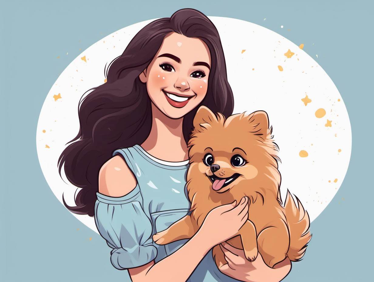 create a 20 year old girl smiling while holding a pomeranian in hands  in disney style