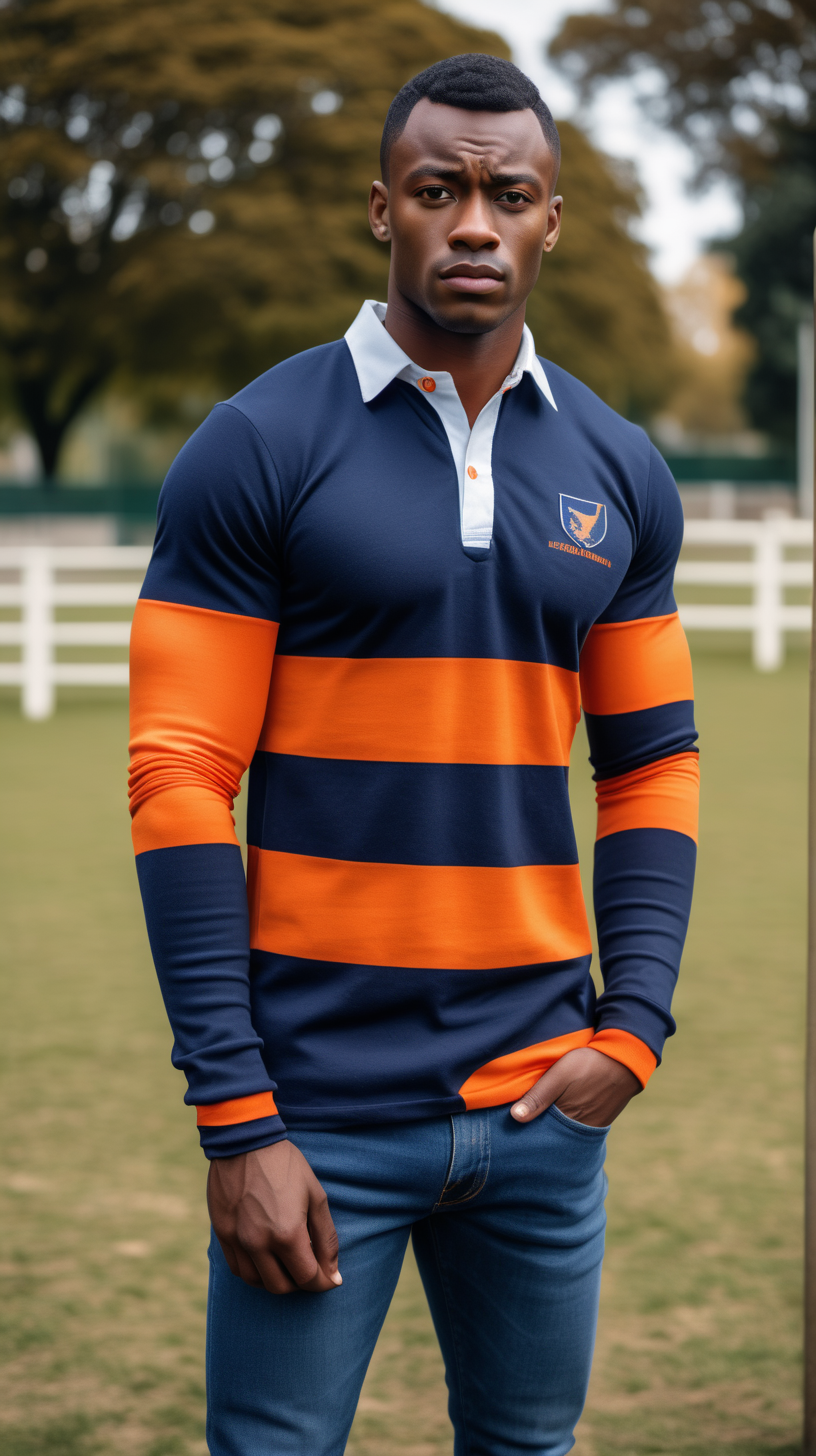 slim, young, Black man, wearing low cut hair, wearing a casual fit, Navy and safety Orange, multi striped, long sleeve, Rugby jersey, with patches on the elbow, wearing blue denim jeans, in Ultra 4K, brightly lit, high definition, standing in a Horse park