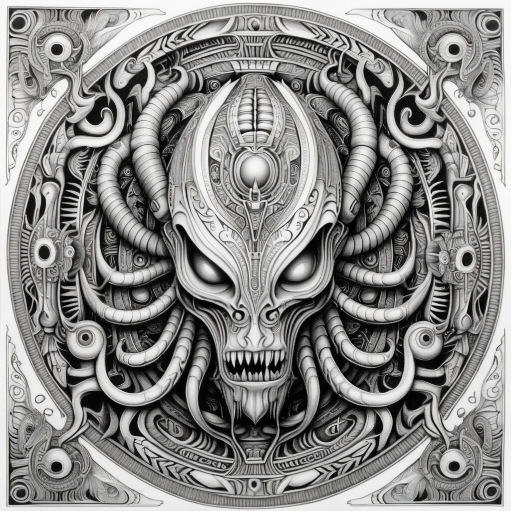black & white, coloring page, high details, symmetrical mandala, strong lines, beast with many eyes in style of H.R Giger