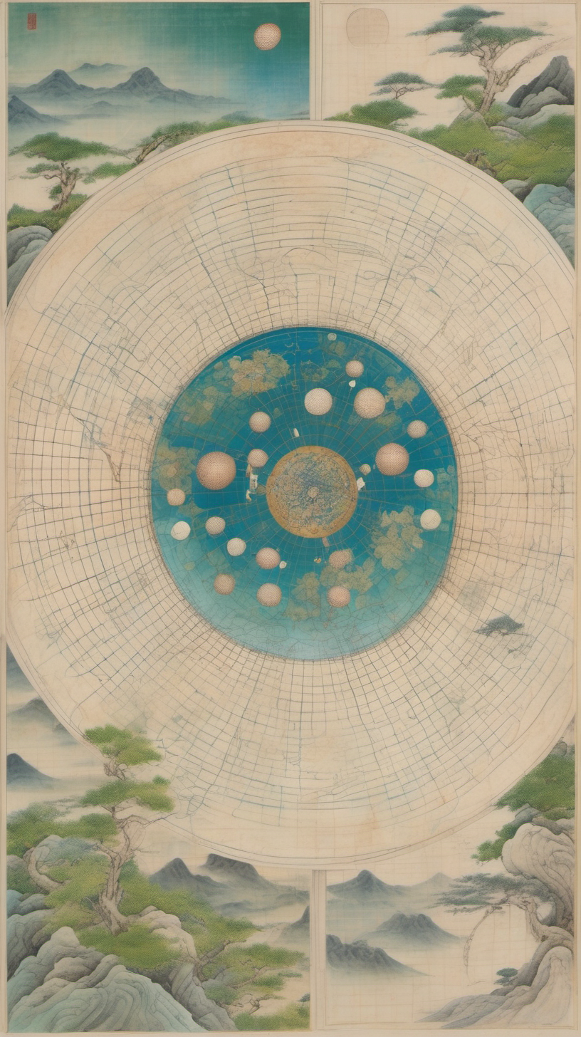 chinese gongbi drawing, with traversable wormhole, other worldly scenery, cosmos, quail eggs, greenblue mountain, grids