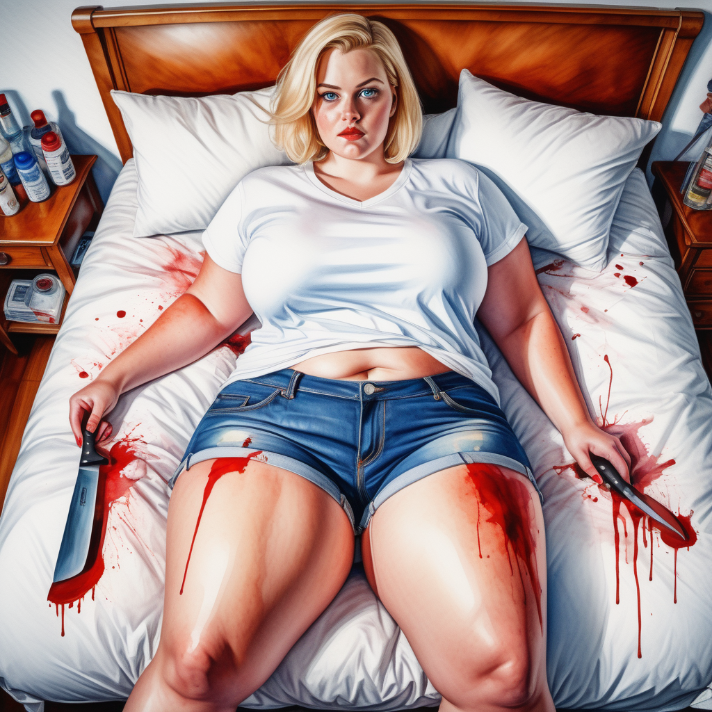 sexy point of vew image from top to bottom by a curvy plus size blonde woman, blue eyes, short hair, wide hips, thick legs,wearing denim shorts and a white tennis shirt with a knife in her hand mounted on a pillow in the room of a house stained with blood, image based in watercolor paint art.