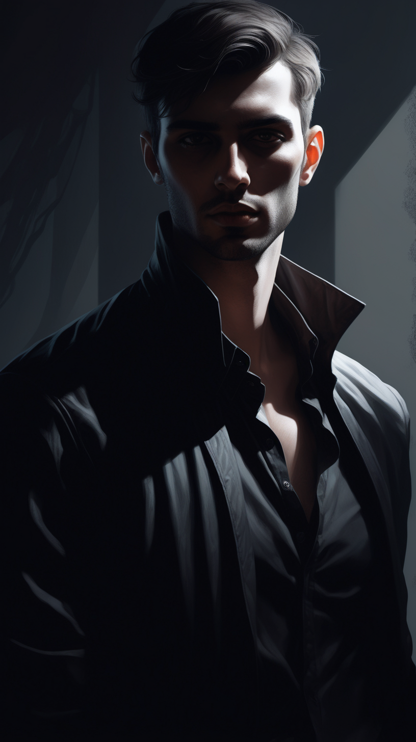 Create a dark fantasy art illustration,  of Nicolas Simoes, with short hair, modern clothes, in shadows. Close up.
