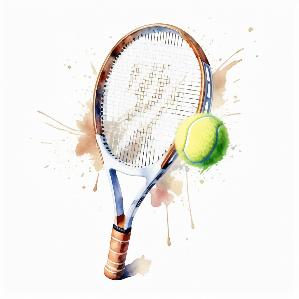 bílé pozadí_vytvoř realistickou ilustraci _tenisová raketa_ve stylu akvarel barvy_ 