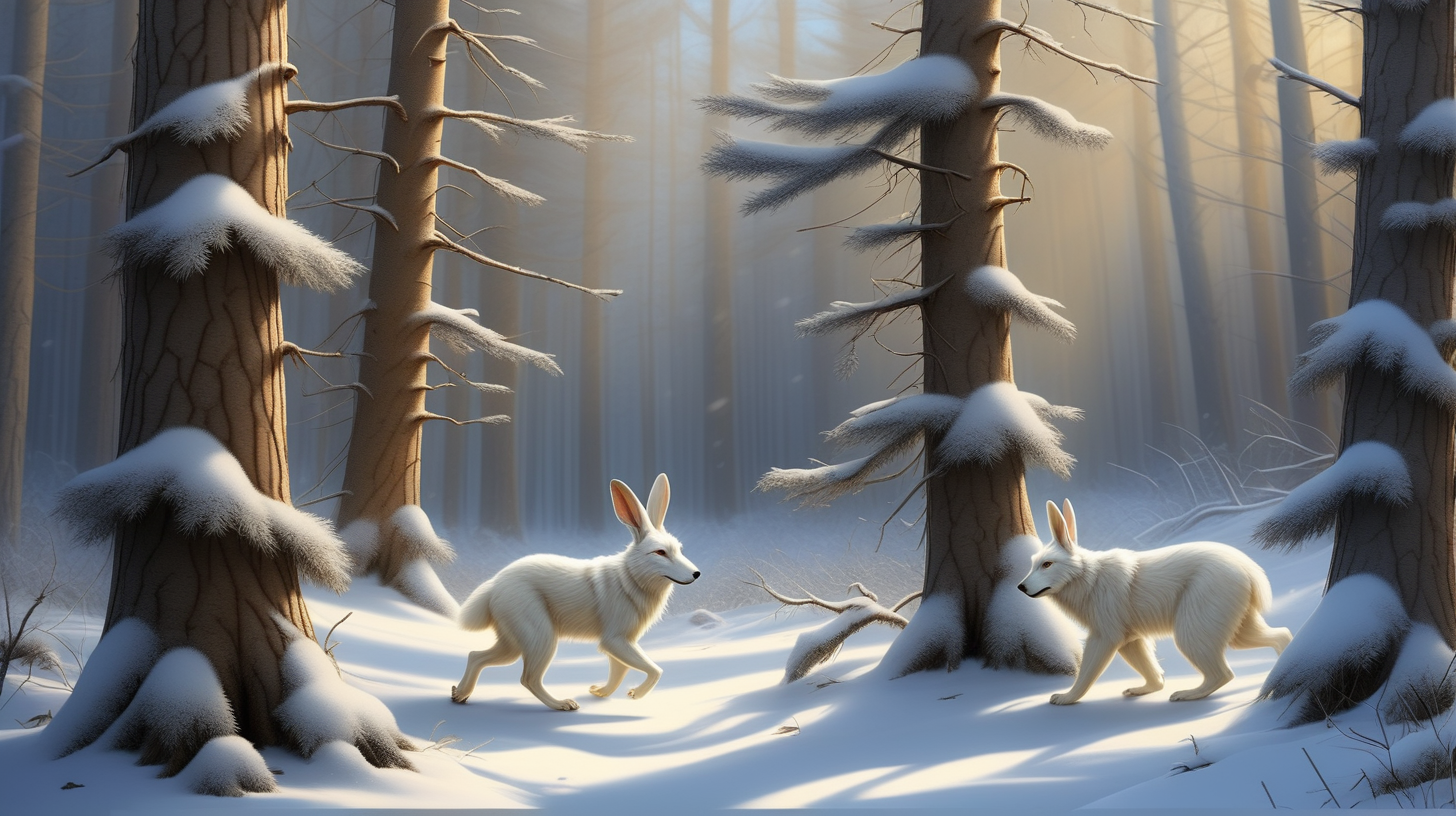 В лесу зима,  солнце светит ярко на синем небе, падает снег , снежинки кружатся в воздухе и ложатся на деревья высокие сосны, ели, дубы  и  на землю, образуют огромные сугробы. бегут  много разных зверей: белые зайцы, серые волки, коричневые медведи, все они оставляют свои следы