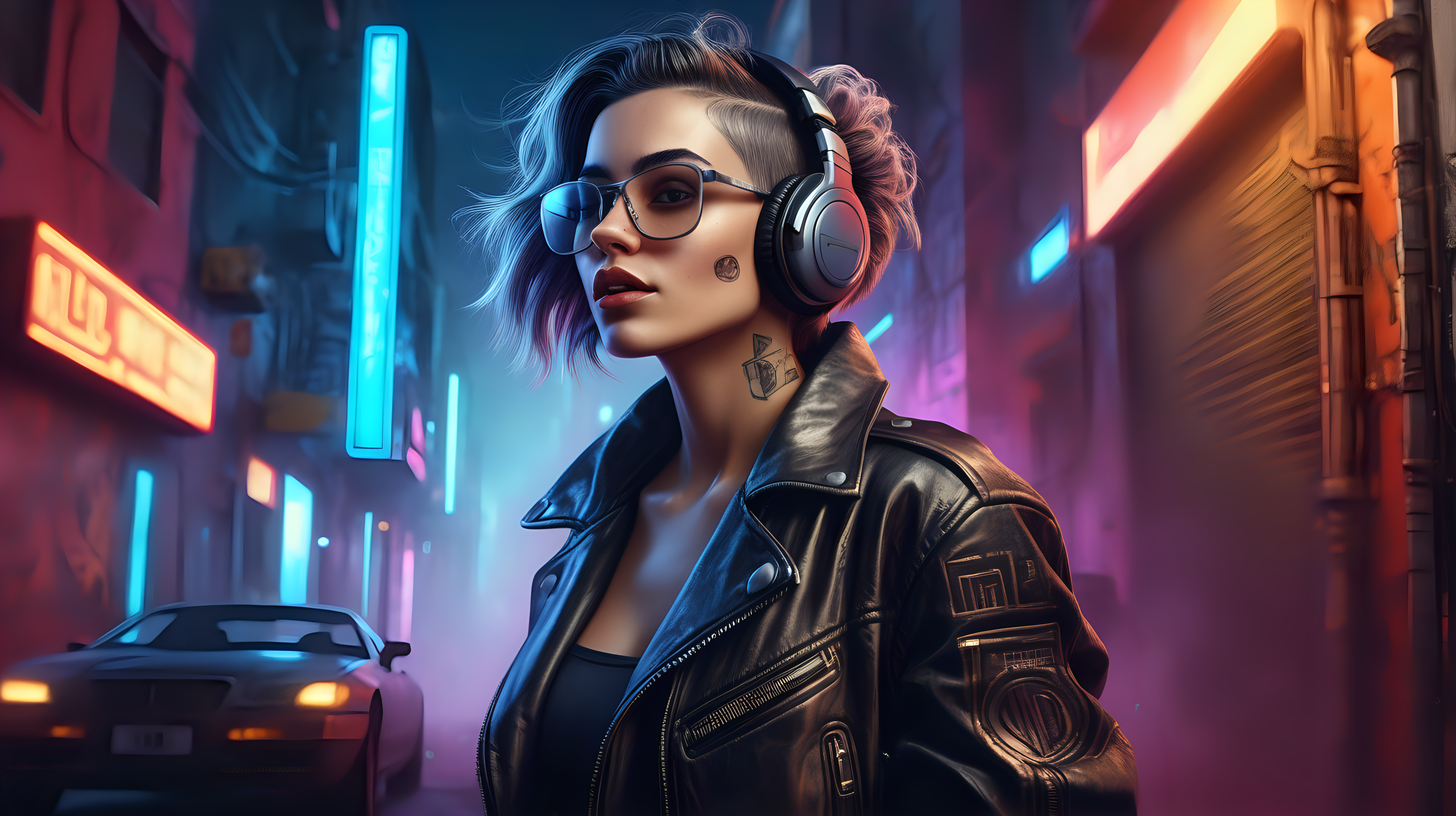 ilm stock full body portrait very detailed woman smoking a cigarette wearing a leather jacket headphones on her head glasses leaning against a wall in a cyberpunk city very detailed flying car passing in colored background at night. perfect woman forms, gorgeous face, detailed natural skin, natural texture, diffused soft lighting