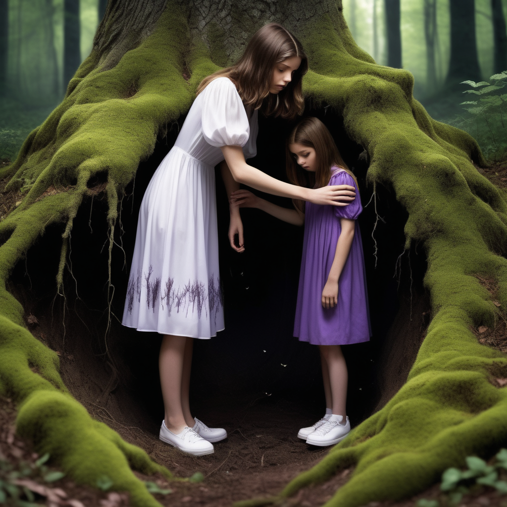 A teenage girl fell into a hole in a forest. She had shoulder-length brown hair and a white flowy midi dress. His knee is bleeding. Her mother bent over her. Her mother looks like a fairy. Her mother wears a purple dress with a puffy shirt and white shoes. The forest is dark. the tree branches are tangled together. Moss growing on tr. ees