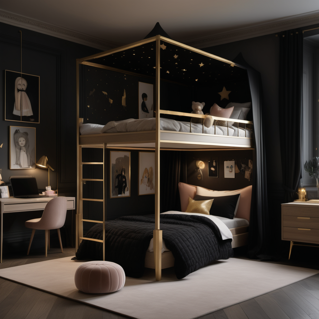 a hyperrealistic of a grand modern Parisian estate home childrens shared bedroom at night with mood lighting, a double bed with a canopy, desk, in a beige oak brass and black colour palette 
