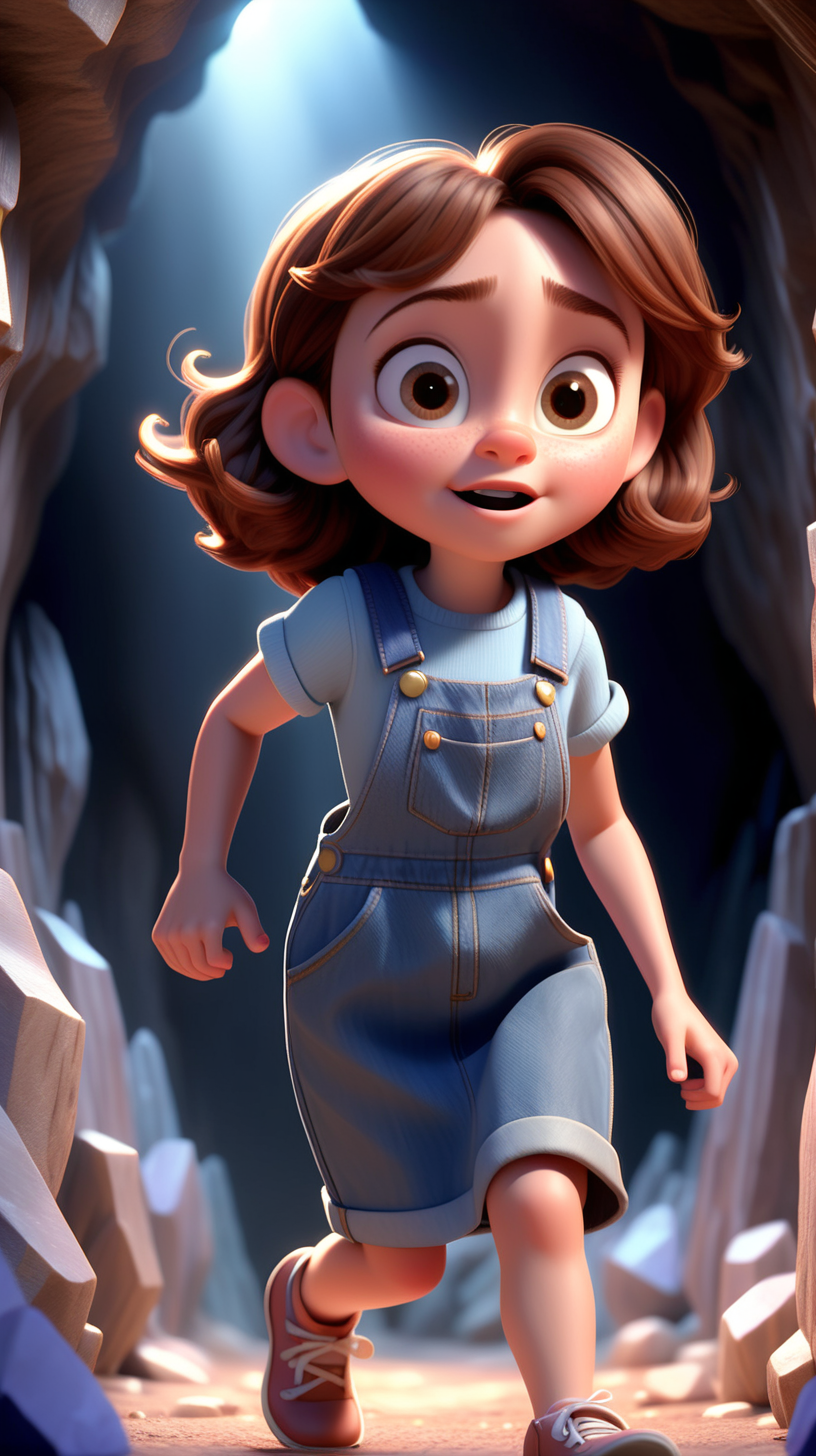 imagine 5 year old short girl with brown hair, fair skin, hazel eyes, wearing a denim dress overall, use Pixar style animation, make her running and make it full body size, standing inside a cave, surrounded by crystals