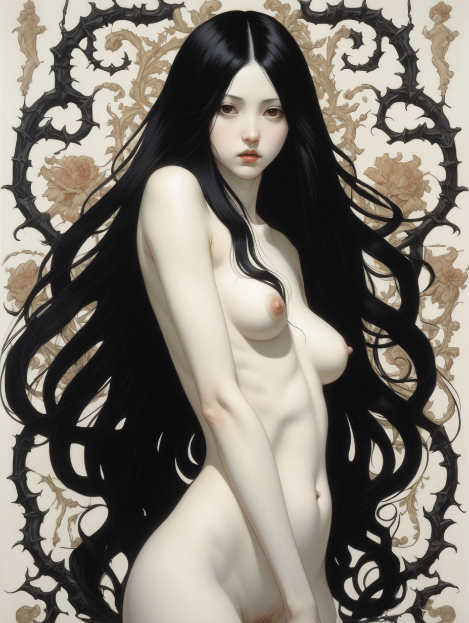 Pale thin nude girl long black hair There