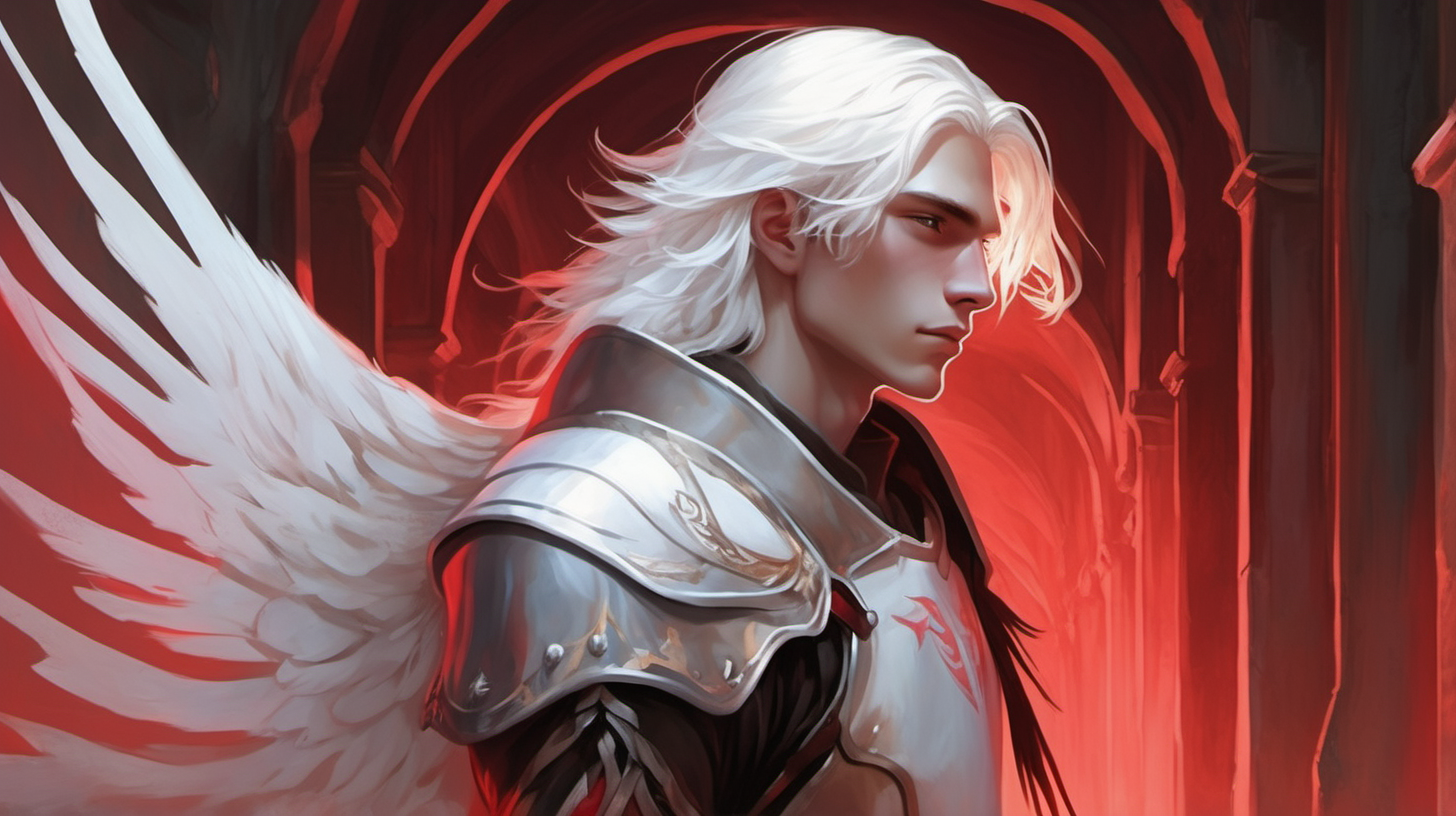 a slender handsome teenage male angel with high cheekbones and shoulder-length long white hair in armor, white scarf, in profile, lit by red light underground