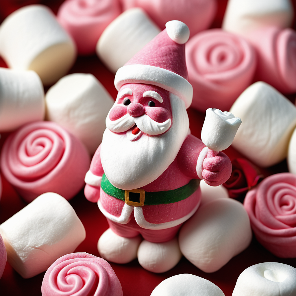 A swedish "skumtomte", the white and pink marshmallow candy in the shape of santa claus celebrating and holding on to a rose.