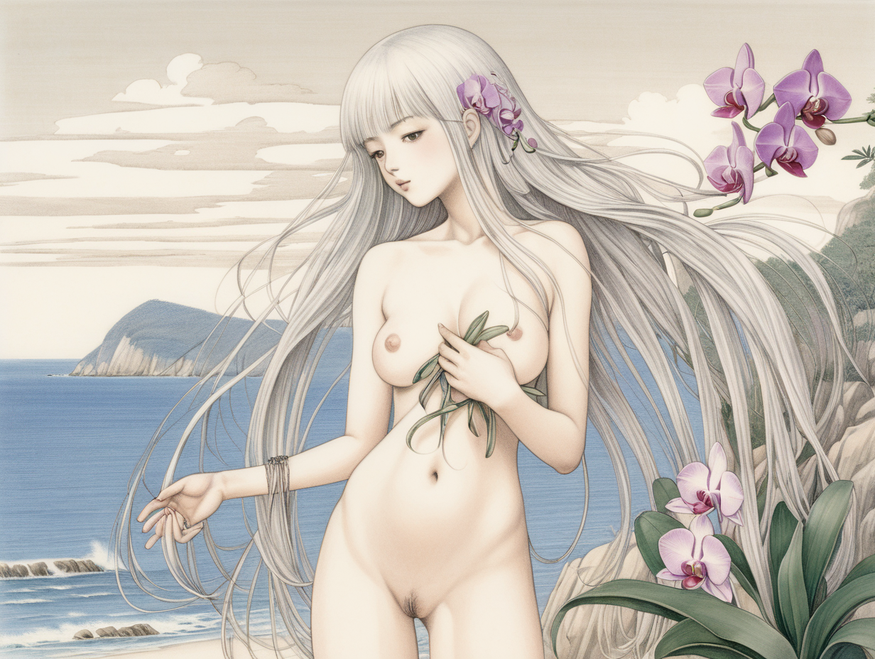Chica de pelo largo platino y fino dibujada al estilo de Nobuteru Yuki, esta desnuda, los mechones le tapan los pechos. Sostiene en la mano unas orquideas. mira de forma juguetona hacia otro lado. el fondo es un paisaje costero. 