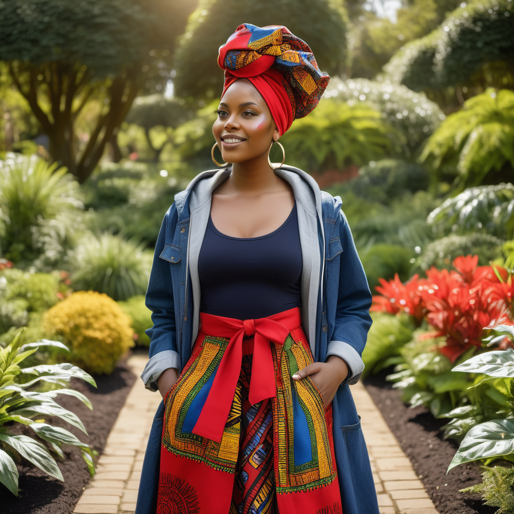 Beautiful Black woman with tribal paint, wearing a multi color African headwrap and African print Skirt, wearing a Red, hooded shawl coat, wearing a Navy linen dress shirt, wearing denim with African print material  inside the pockets,  Vibrant images that represent African heritage, In a lush colorful botanical garden, looking to the left, 4k, high definition, high resolution, sunny day light source from above left