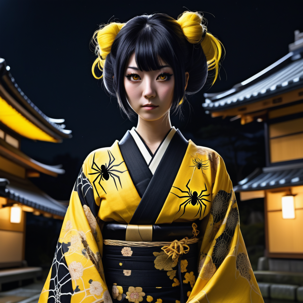 pretty Japanese woman, spider mutant, yellow and black kimono, yellow and black hair, Japan, night