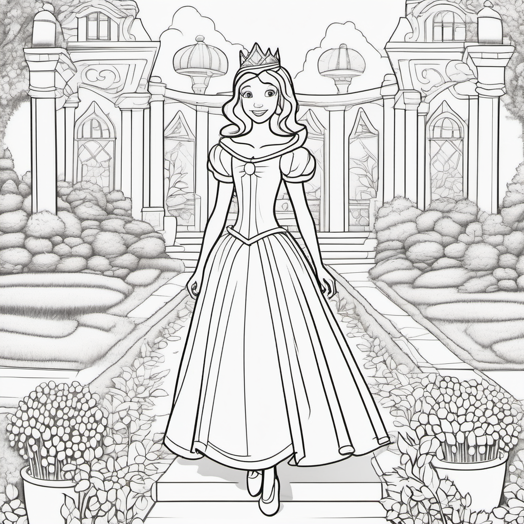 coloring pages for young kids, princess walking through her royal garden,cartoon style, thick lines, low detail, no shading  
