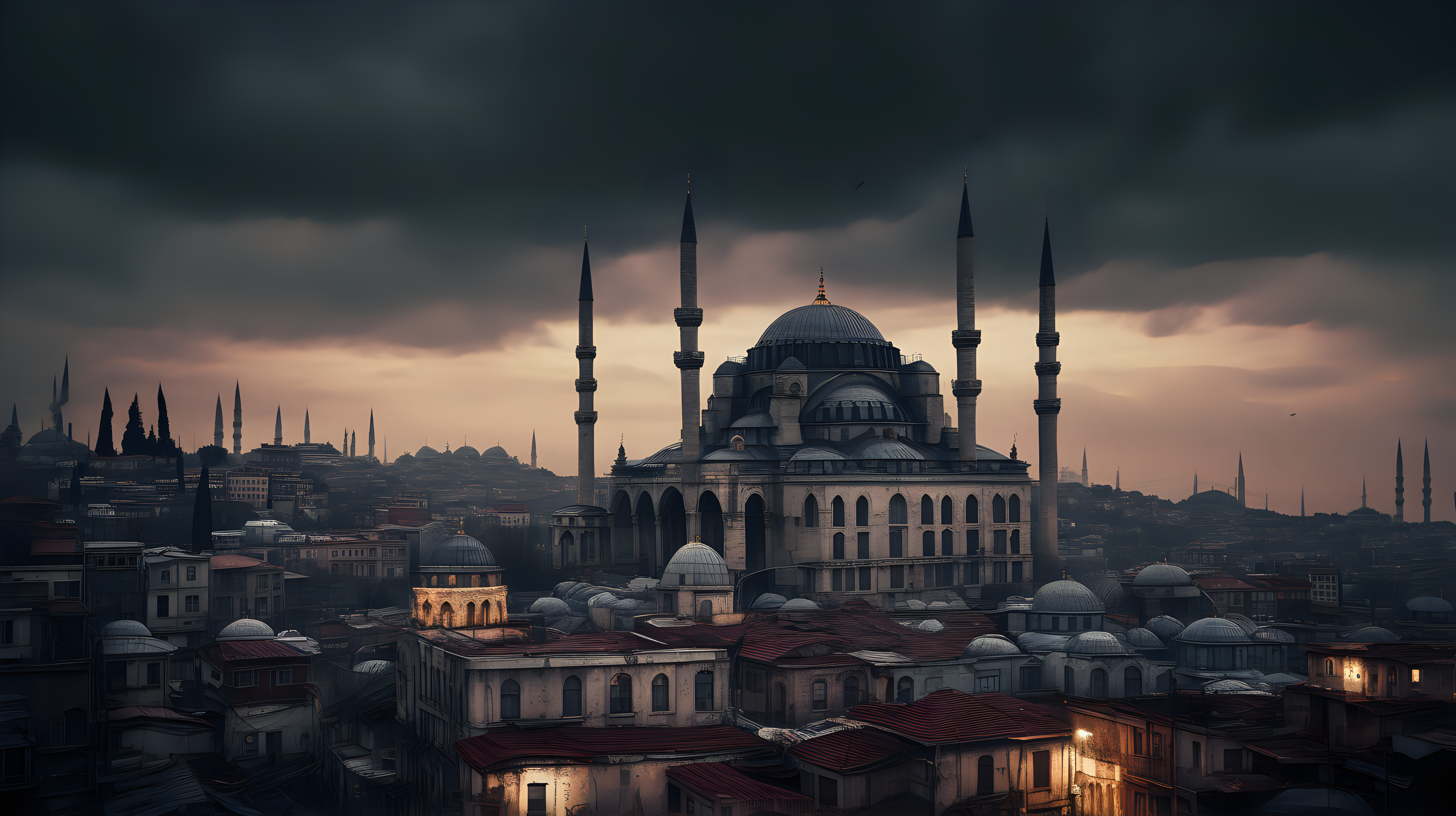 /imagine prompt: Historic Cityscapes, Istanbul, Turkey, year 1500, with its ancient roman structures –v 5.2and the overall moody atmosphere. Use a high-resolution 16k camera with a 16:9 aspect ratio, a raw style, and a quality setting of 2 to capture this atmospheric scene. –ar 16:9 –v 5.2 –style raw