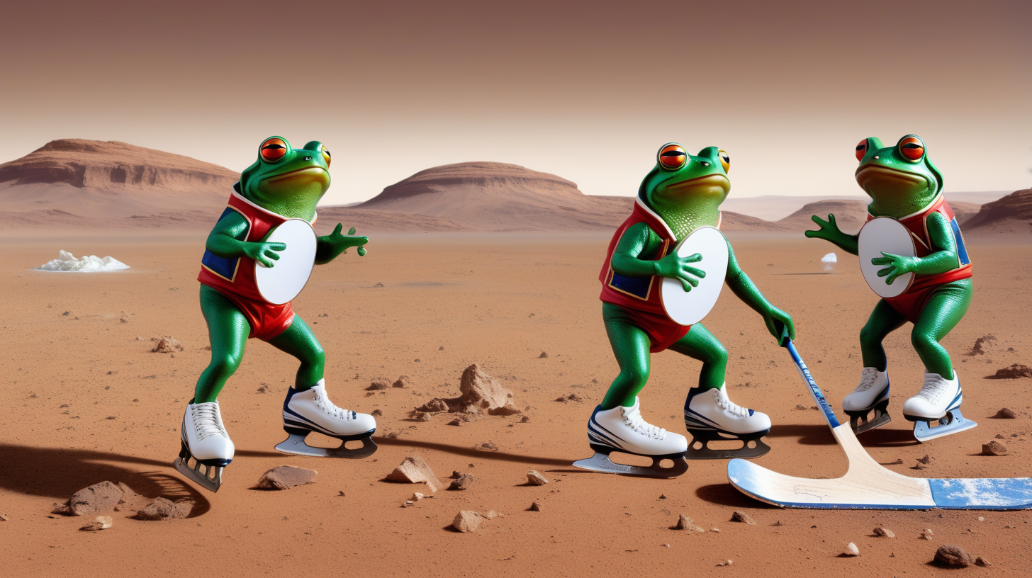 frogs dressed in uniforms and ice skates playing hockey on mars