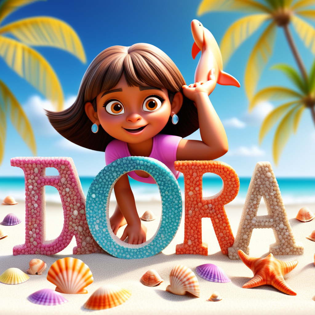 the exact spelling of the name : Dora in colorful diamond letters on a beach with seashells and dolphins swimming in the water without the picture of the her 