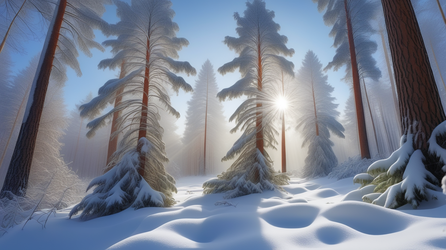 В лесу зима,  солнце светит ярко на синем небе, падает снег , снежинки кружатся в воздухе и ложатся на деревья высокие сосны, ели, дубы  и  на землю, образуют огромные сугробы