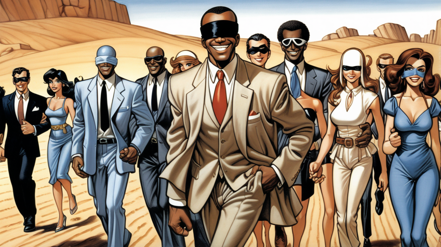 a blindfolded black man with a smile leading a group of gorgeous and ethereal white and spanish mixed men & women with earthy skin, walking in a desert with his colleagues, in full American suit, followed by a group of people in the art style of Bruce Timm comic book drawing, illustration, rule of thirds