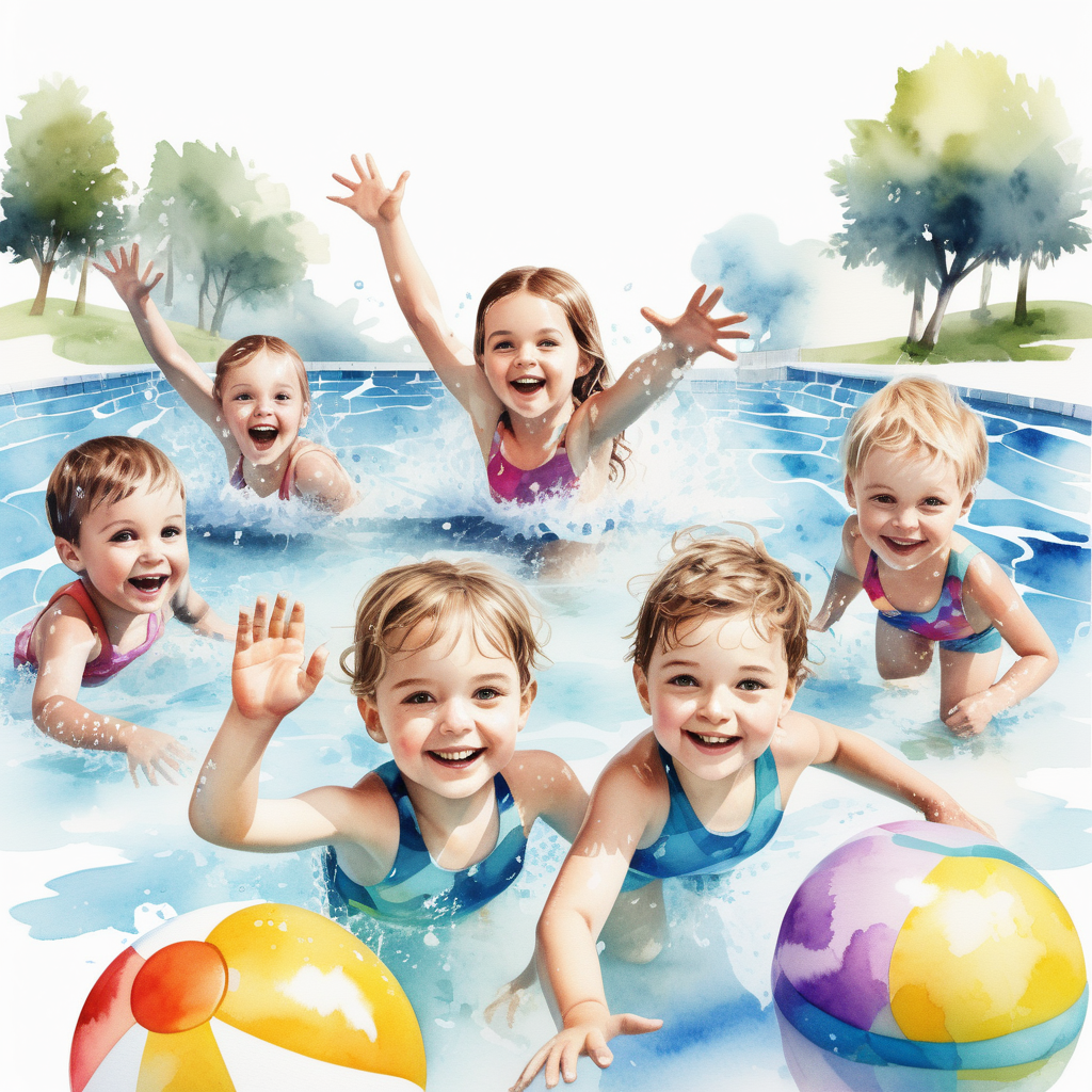 bílé pozadí_vytvoř realistickou ilustraci_která je určena pro děti _  Téma:Plavání a vodní hry: Bazény a hry ve vodě_akvarelové barvy
