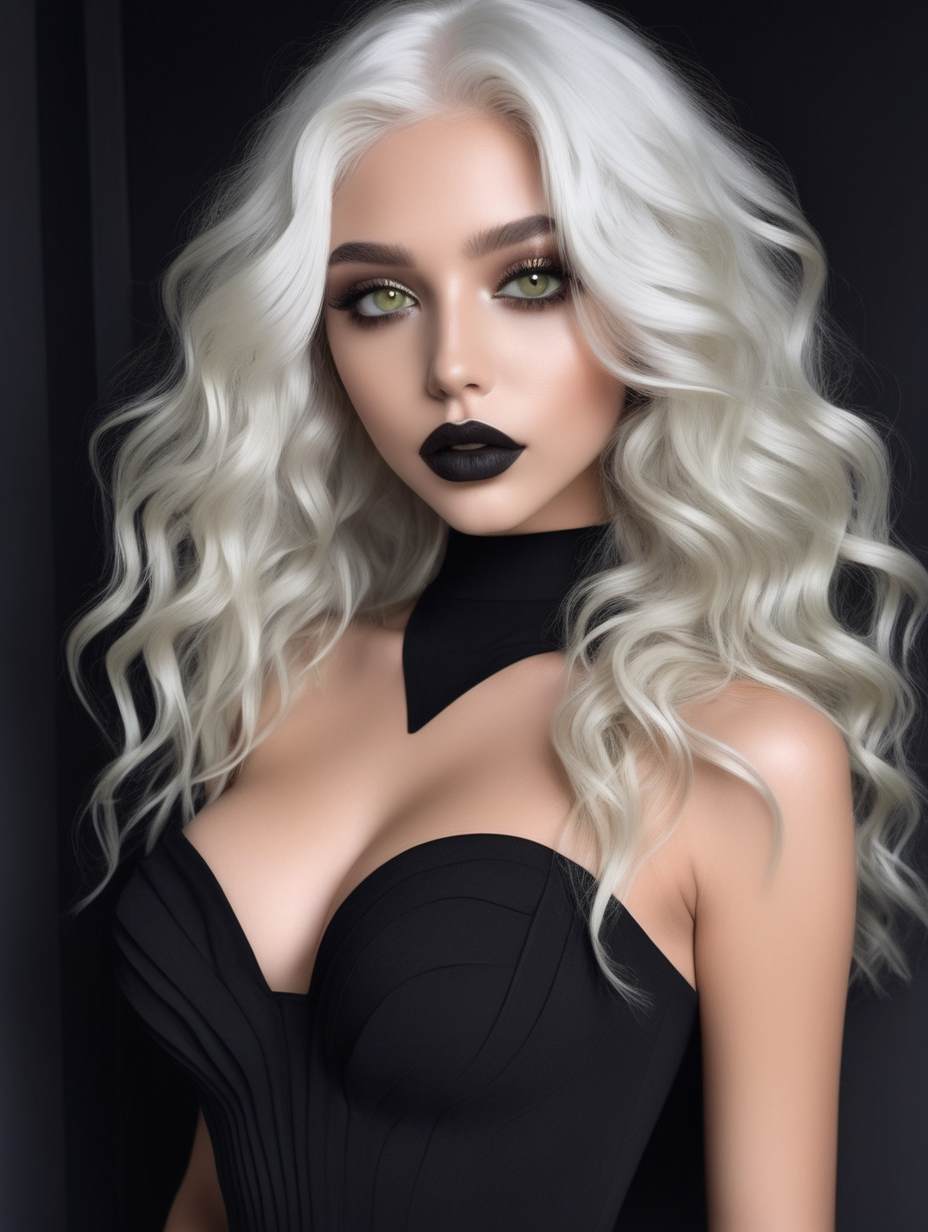 a very beautiful goddess 
wavy white hair
heart shaped face
perfect lips
light olive colored eyes
in a black abyss
wearing a sexy black dress
