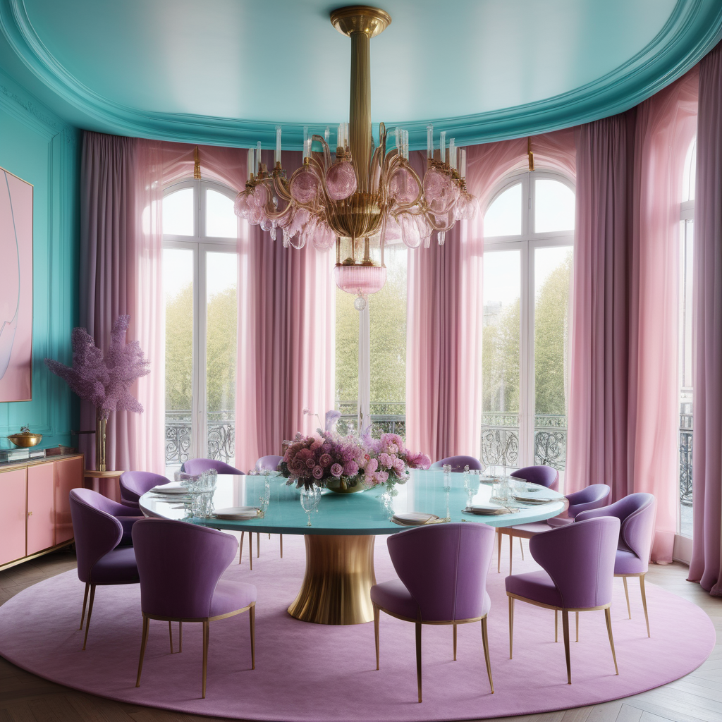 hyperrealistic image of large modern Parisian dining, floor to ceiling windows, curves, cyan, pink, lilac and brass colour palette, brass chandelier, sheer curtains