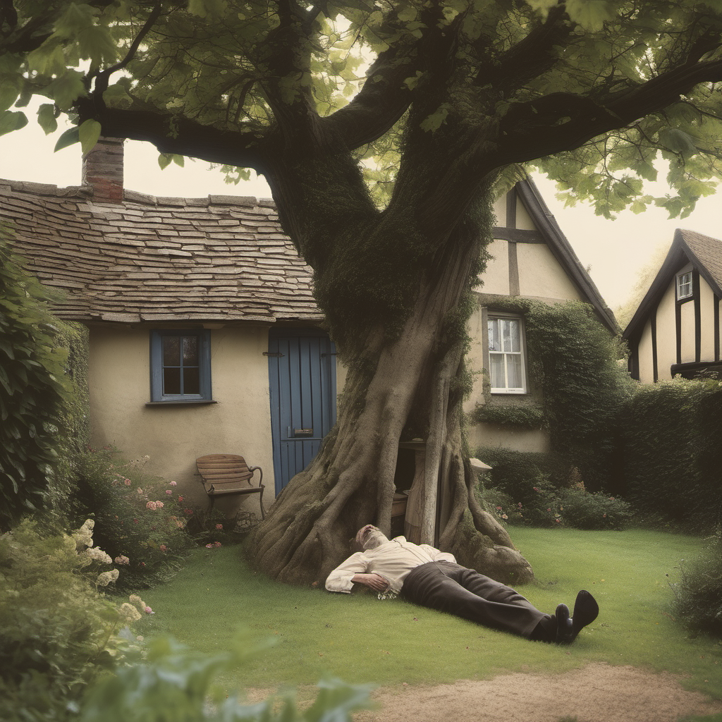 In the end of the 19th century a man lies still under a tree in a small garden with a small cottage in it.