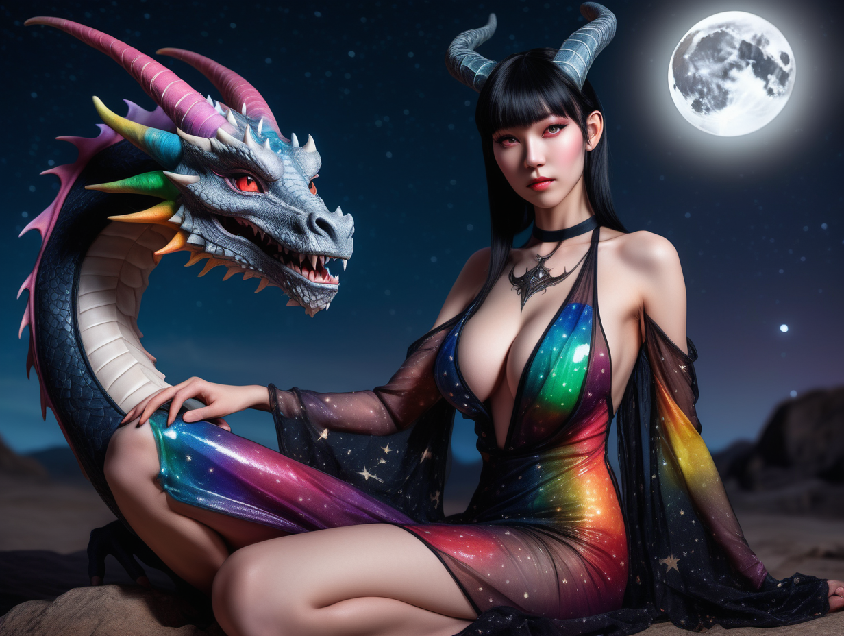 ultra-realistic high resolution and highly detailed close up adult film photoshoot of a slender female human dragon, with sleek pointy black horns gently swept straight backwards over head, with massive breasts, with a colourful open front loose transparent dress and draconic markings on arms and body, sitting under a starry sky with the moon in the background, looking at the camera