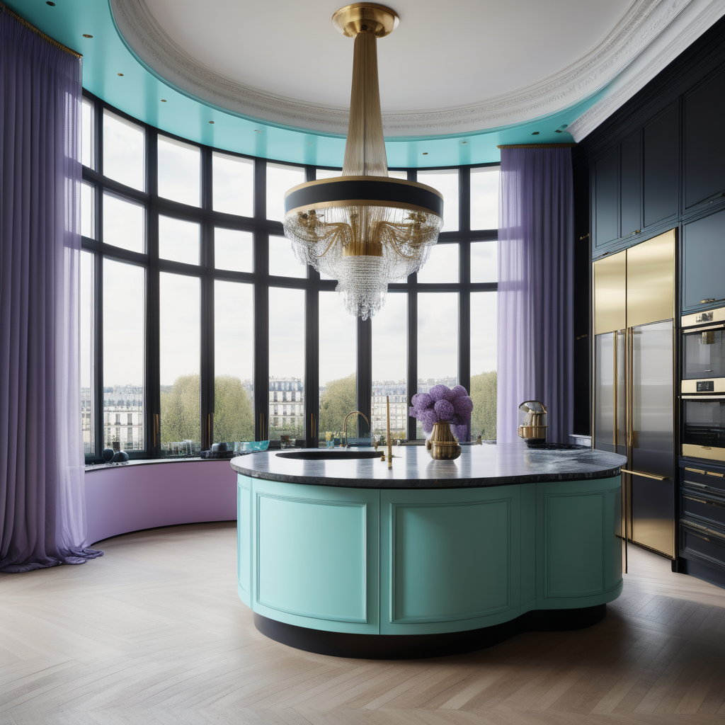 hyperrealistic image of large modern Parisian kitchen with island, floor to ceiling windows, curves, black, aqua, lilac and brass colour palette, brass chandelier, sheer curtains