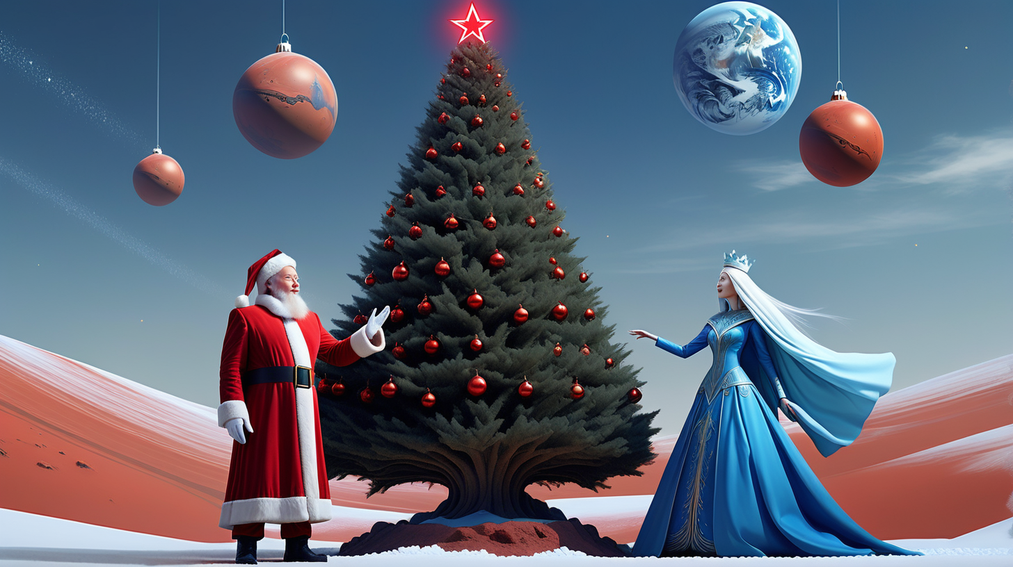 На самой большой площади Марса стоит высокая нарядная с заженными лампочкамм елка, Илон Маск в красном костюме санта клауса со снегурочкой-казашкой, одетой в длинную синюю шубу с короной на голове вместе с марсианами ведут хоровод вокруг елки