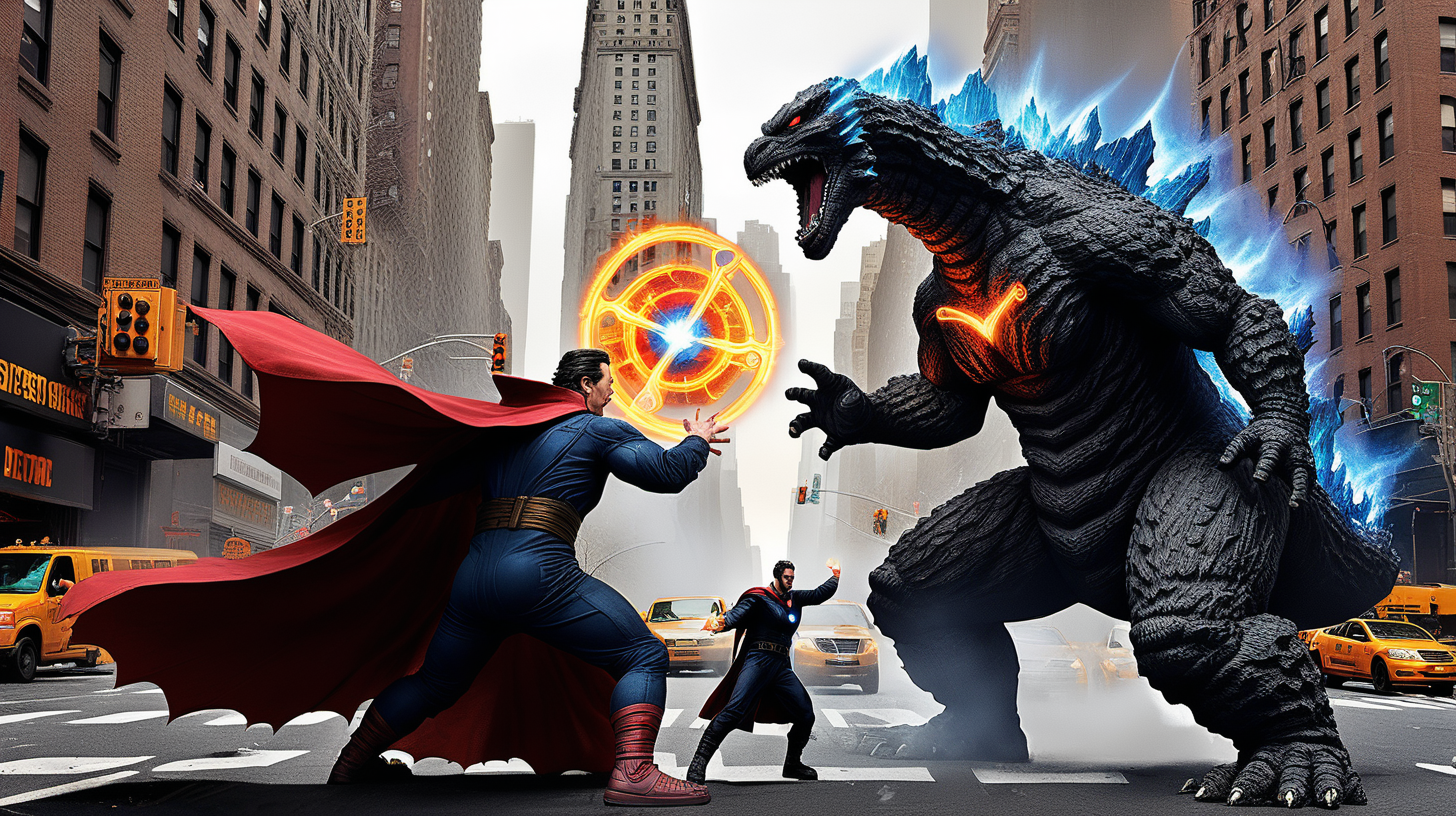 Godzilla fighting Doctor Strange in NYC