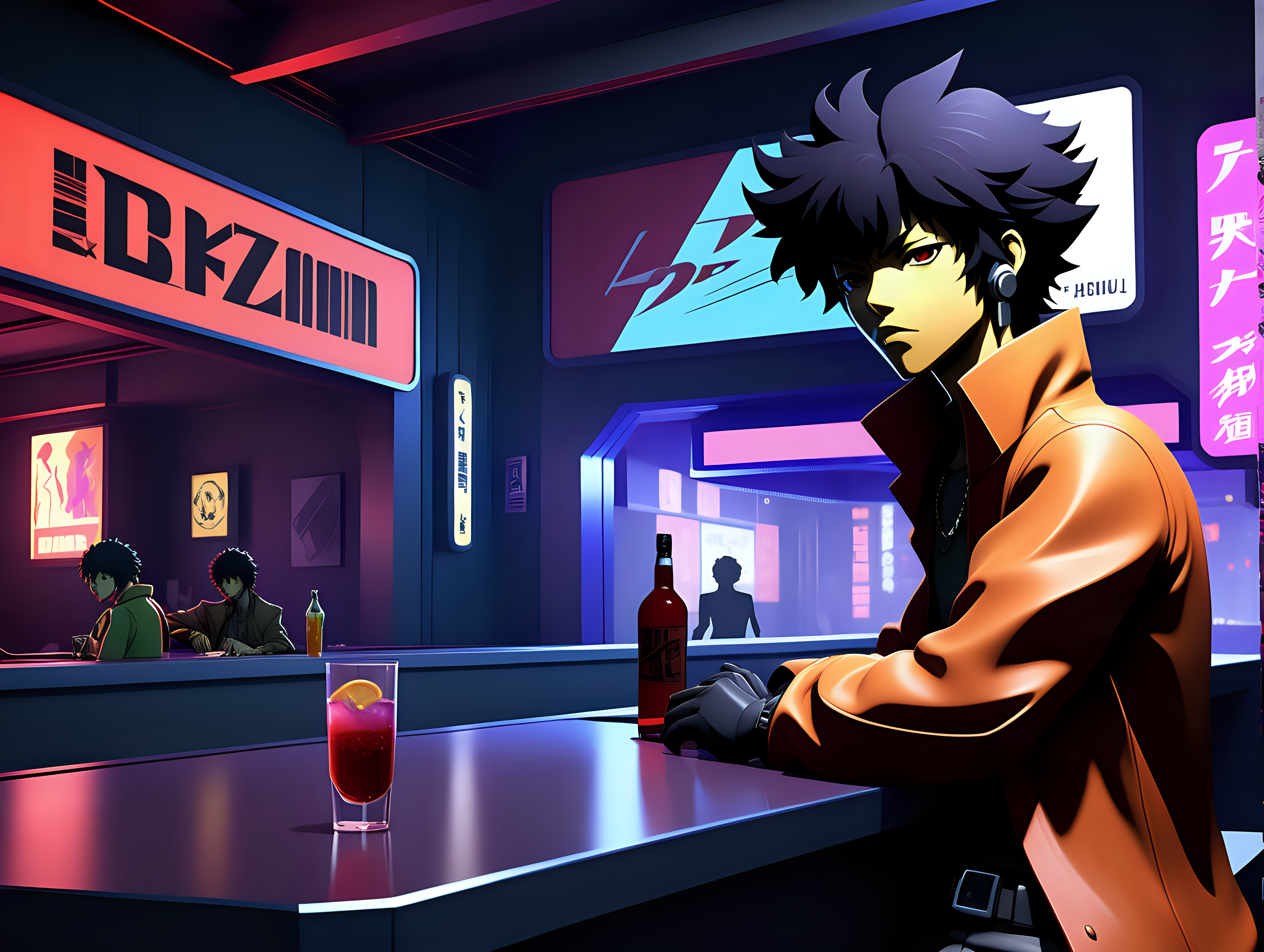 Generate concept art for a JRPG with a jazz-infused soundtrack and an aesthetic inspired by Persona, Cowboy Bebop, and Akira. The scene should prominently feature the main character in the front, along with supporting characters, in a vibrant urban environment, specifically in a futuristic bar or nightclub with elements of futuristic technology and a touch of noir.

Incorporate smooth low-poly graphics reminiscent of the PS1 era, capturing the essence of classic JRPGs. The art style should draw inspiration from the stylish and dynamic visuals of Persona, the gritty cyberpunk atmosphere of Akira, and the jazzy, adventurous feel of Cowboy Bebop. Set the scene in a bustling city with neon lights, futuristic architecture, and a jazz club or district.

Highlight the main and supporting characters in a way that reflects their personalities and the overall tone of the game. The soundtrack should evoke the soulful and improvisational spirit of jazz, setting the mood for the JRPG adventure.

Embrace the fusion of futuristic technology, jazz influences, and the captivating aesthetics of Persona, Cowboy Bebop, and Akira, delivering a visually stunning and immersive concept for a JRPG with a futuristic bar or nightclub background, prominently featuring the main character in the front.